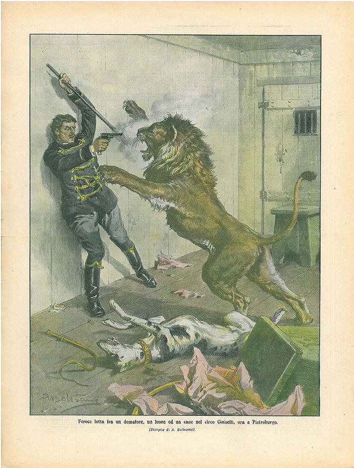 Feroce lotta fra un domatore, un leone ed un cane nel Circo Ciniselli, ora  a Pietroburgo